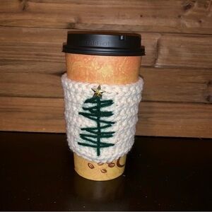 Handmade White Coffee Sleeve with Green Tree Design